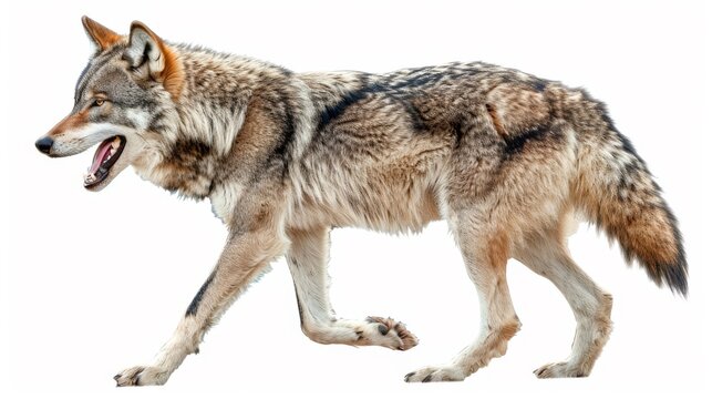 A wolf is walking on a white background