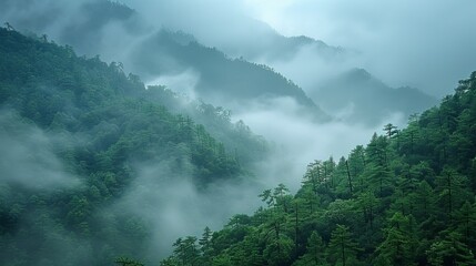 High mountain peaks partially hidden by swirling mist during the rainy season, creating a dramatic natural scene Generative AI