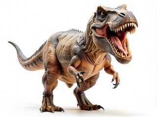 A large, fierce-looking toy dinosaur, a tyrannosaurus rex, stands alone on a gray background, its sharp teeth and claws prominent, ready for battle.