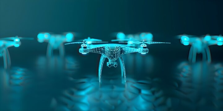 Abstract digital wireframe of futuristic drones with blue neon glow low poly 3D. Concept Futuristic Drones, Digital Wireframe, Abstract Design, Low Poly 3D, Blue Neon Glow,