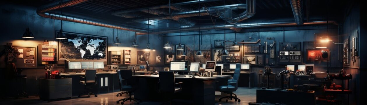 A secret spy headquarters with gadgets, maps, and agents planning covert operations