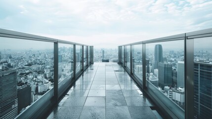 Fototapeta premium A city skyline is visible from a high walkway