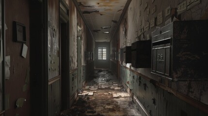 Fototapeta premium Abandoned Post Office: Haunting Scenes of Broken Mailboxes, Ghostly Correspondences, and Eerie Corridors