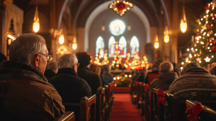 Obraz premium Congregation attending a Christmas service in a beautifully decorated church, with festive lights and a Christmas tree.