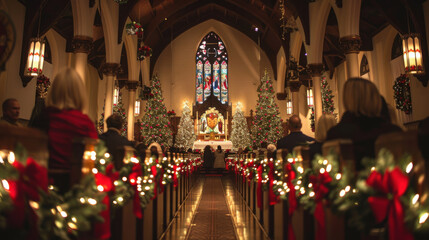 People attending a beautifully decorated church for a Christmas Eve service, with festive lights...