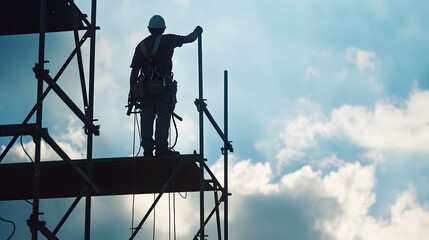 Construction worker on scaffold silhouetted against the sky, symbolizing strength and hard work in construction industry.