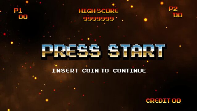 PRESS START INSERT A COIN TO CONTINUE .pixel art .8 bit game.retro game. for game assets in vector illustrations.Retro Futurism Sci-Fi Background. glowing neon grid.and stars from vintage arcade comp