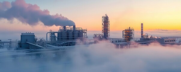 Obraz premium Industrial landscape with a factory emitting smoke during a misty sunrise, showcasing pollution amidst scenic atmosphere.