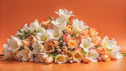Obraz premium A stunning bouquet of white and orange tulips and freesias on a solid orange background.