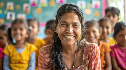 Naklejka premium A woman smiles warmly, surrounded by children in a classroom, representing education, joy, and community.
