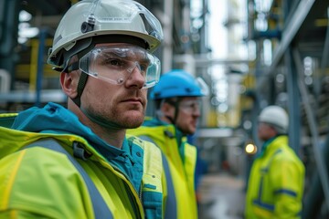 Fototapeta premium Workers in safety gear inspecting an industrial site, highlighting the importance of safety and teamwork in hazardous environments.
