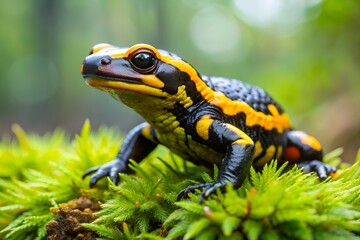 Fototapeta premium Vibrant yellow spots and stripes adorn the black skin of a whole fire salamander on wet moss and fungus in a lush forest ecosystem.