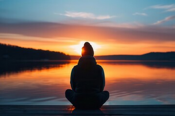 Silhouette of a person watching the sunset over a lake, serene landscape, end of the day