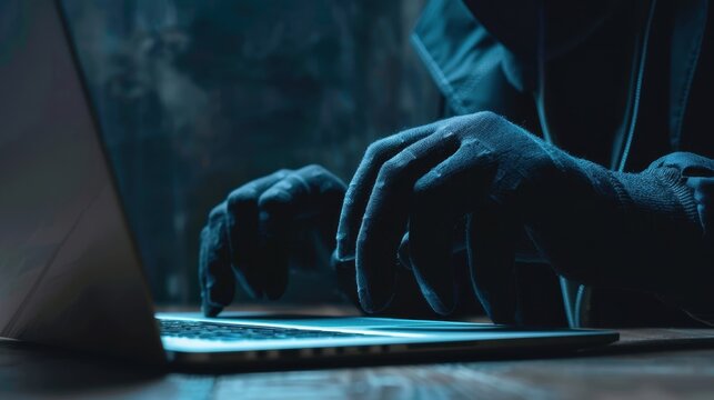 Cybersecurity Breach: Close-up of a Hacker's Hand Stealing Data from Laptop