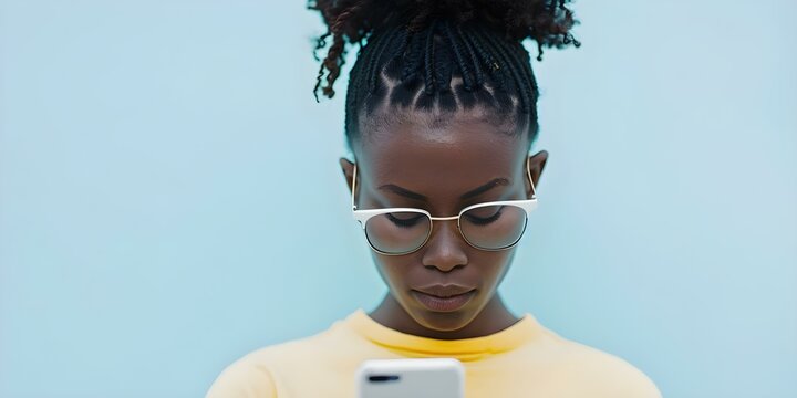 Worried young Black woman with phone potentially victim of online crime. Concept Online Safety, Cybercrime Awareness, Digital Identity Protection, Social Media Privacy, Internet Security