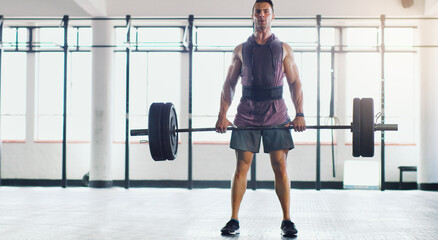 Plakat Man, exercise and sweat for weightlifting in gym with fitness, strong body and muscle development for health. Bodybuilder, barbell and sports training for competition, power workout and performance