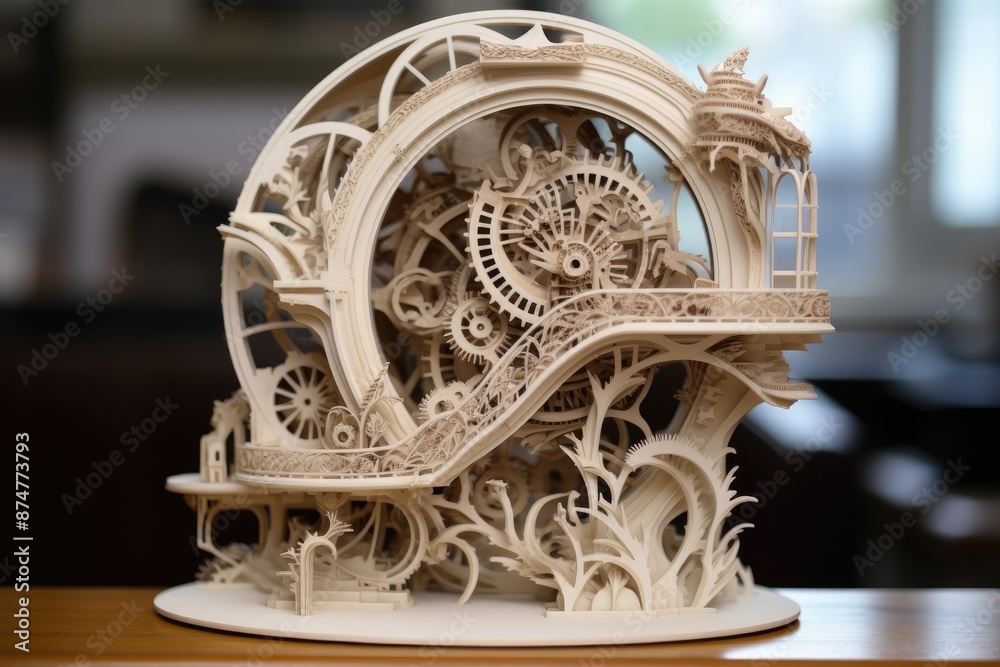 Poster working on a 3d printing 3D printer creating intricate and detailed objects