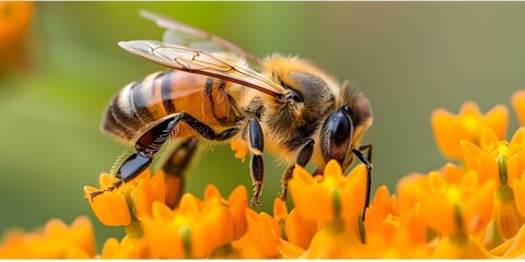 Fototapeta premium Macro photo of honeybee on orange flowers capturing intricate details and textures. Concept Macro Photography, Nature, Honeybee, Flowers, Textures