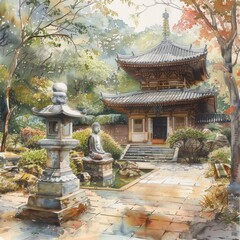 Fototapeta premium Tranquil Buddha Garden: Serene Temple in Soft Watercolor Hues