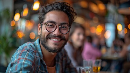 Portrait of smiling man with glasses sitting at cafe