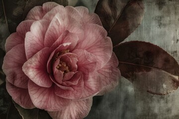 a sky with stars and a sunset, camellia whispers tales of grace, its layered petals painted with the subtlety of life's intricate stories