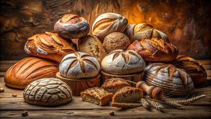 Rustic wooden table topped with assortment of freshly baked homemade sourdough breads in various shapes and crusty textures displayed artfully.