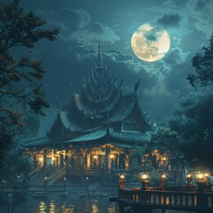 Fototapeta premium Midnight Serenity - Traditional Temple Illuminated by Full Moon in Cool Tones Night Scene