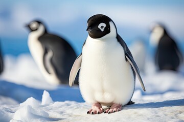 a penguin with a black face and a white beak, charismatic penguin waddling on the icy tundra