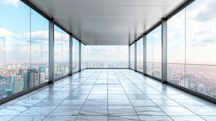 A large, empty room with a view of the city