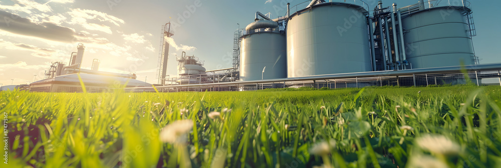 Wall mural Hydrogen power plant, large steel tanks and pipes, wide angle photo, sunny green grass field foreground. Clean H2 energy concept as imagined 