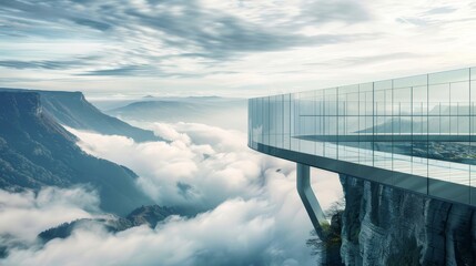 A mountain range with a foggy sky and a glass bridge