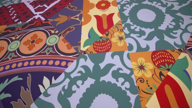 Mosaic of Tatar patterns decorates wall of public school. Touch of art introduces historical cultural motifs into daily life of schoolchildren