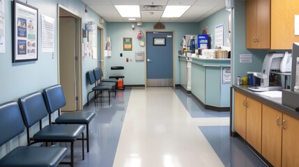 a waiting room with a desk and chairs, community health clinic serving diverse populations
