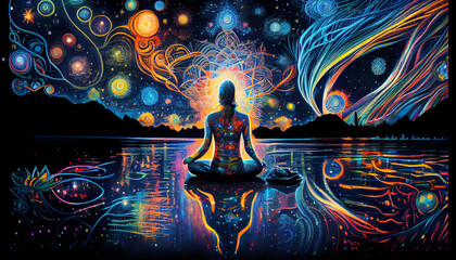 A person sits in lotus position against a vibrant backdrop. The colors are striking and the setting exudes a sense of calm and peace