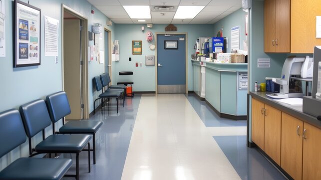 a waiting room with a desk and chairs, community health clinic serving diverse populations