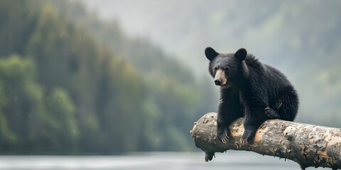 Bear stranded on tree after mudslides destroyed mountain home and foraging grounds. Concept Wildlife Rescue, Natural Disasters, Animal Habitat, Environmental Impact, Conservation Efforts