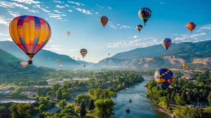 Fototapeta premium The balloons are flying high in the sky, creating a vibrant