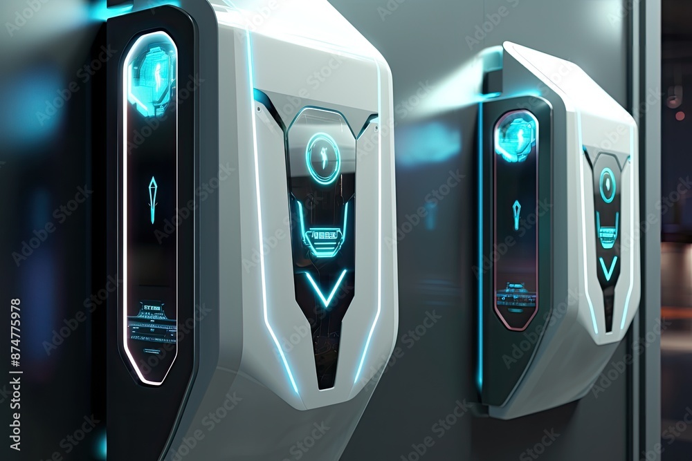 Poster a futuristic computer tower with a glowing display, cutting-edge biometric security system