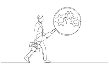Continuous one line drawing of businessman analyze cogwheels system with magnifying glass, workflow monitoring for smooth operation concept, single line art.