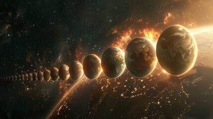 Close up view of multiple planets aligned in space with stars in the background Generative AI