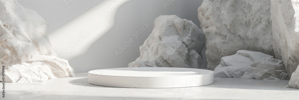 Sticker White Minimalist Scene with a Circular Platform and Rocks