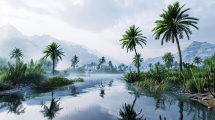 Obraz premium Misty Desert Oasis A misty desert oasis with palm trees and a small pond partially obscured by a layer of fog The viewpoint is wide