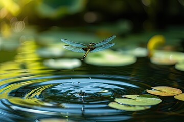 a dragonfly flying over a pond of water, dragonfly hovering above a crystal-clear pond