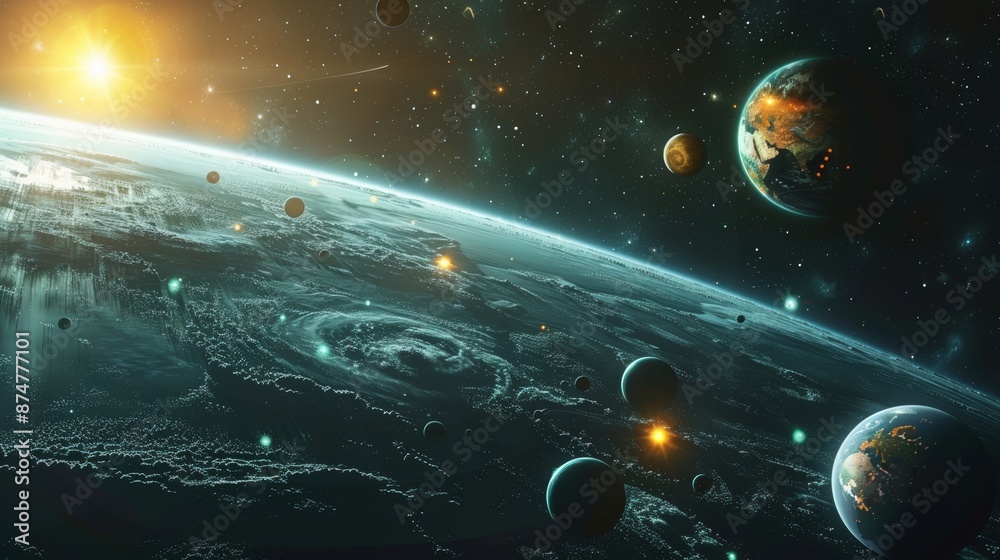 Wall mural planets with various atmospheric conditions and geological features in a serene space setting genera