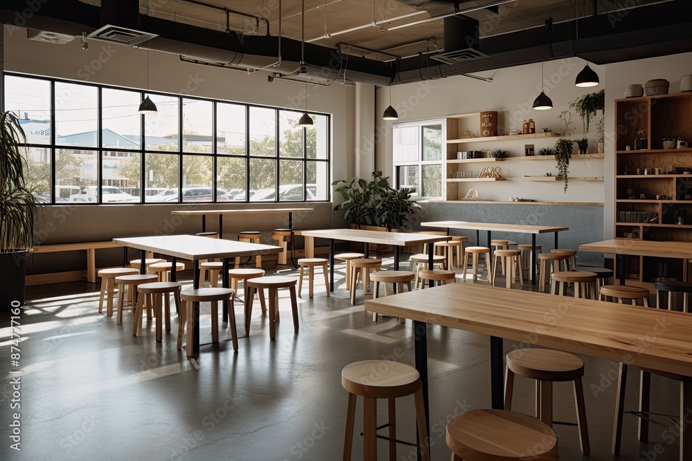 Aufkleber a large room with tables and chairs and a lot of windows, dynamic workspace fostering creativity and