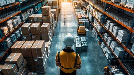 Silhouette of a manager overseeing cargo organization in a large storage facility, overhead view, cool tones, photorealistic clarity