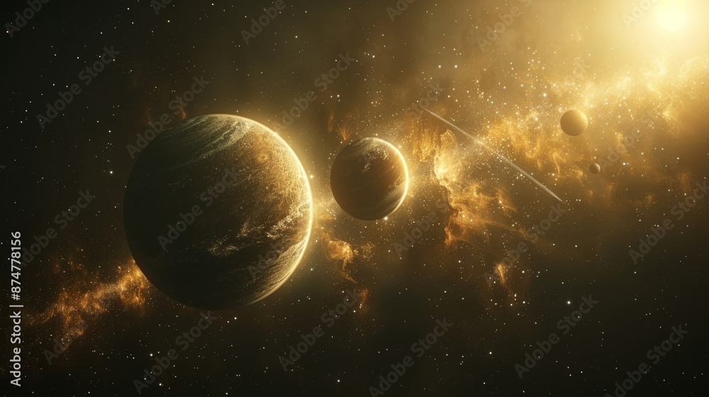 Wall mural planets illuminated by different light sources creating a dramatic space scene generative ai