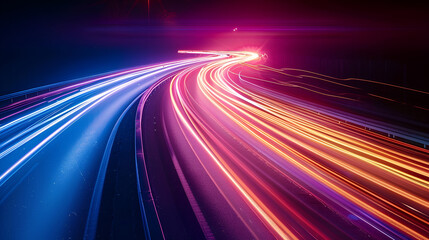 Fototapeta premium abstract long exposure dynamic speed light trails background, Dynamic luminous streaks on a dark backdrop, Modern layout for banners, brochures, and advertisements