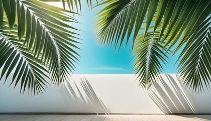 tropical island with palm trees, tree on the beach, beach with trees, palm tree on the beach, beach with palm trees, Palm tree leaves against turquoise sky and white wall. Pastel colors, creative colo