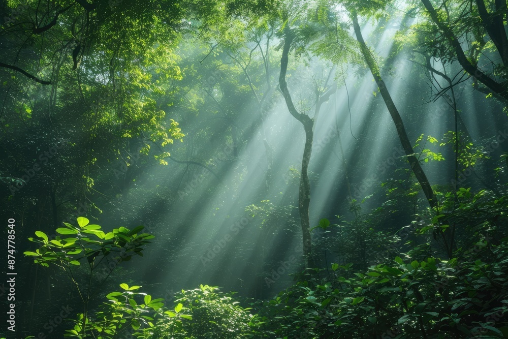 Poster a forest with sunbeams shining through the trees, lush forest with sunlight filtering through the trees